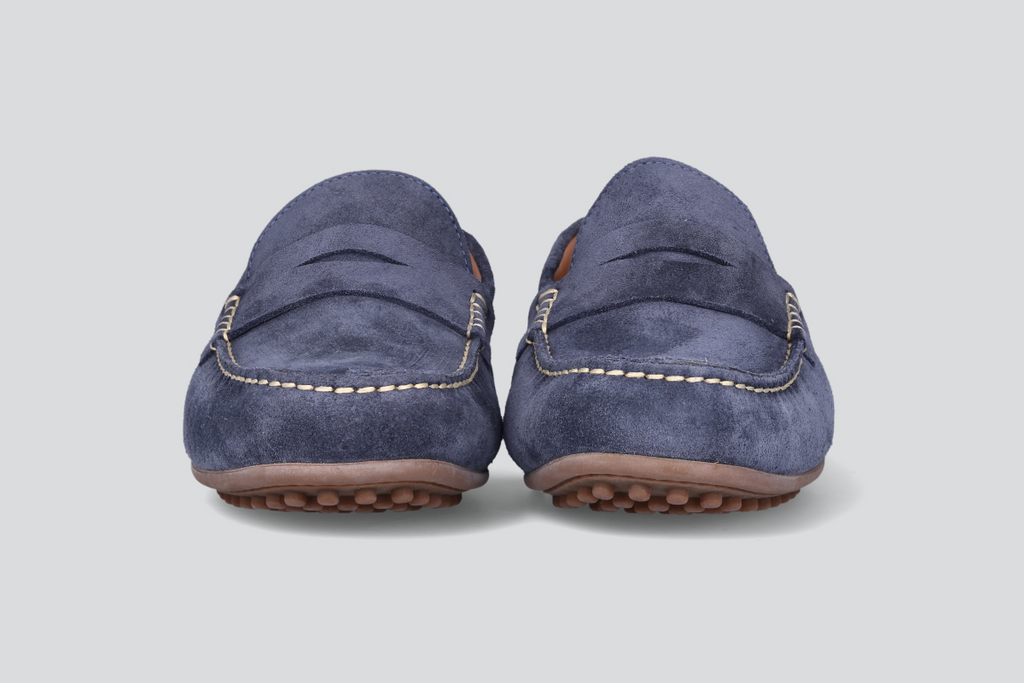 The front of navy men's miles driver loafers from the Hartt Shoe Company