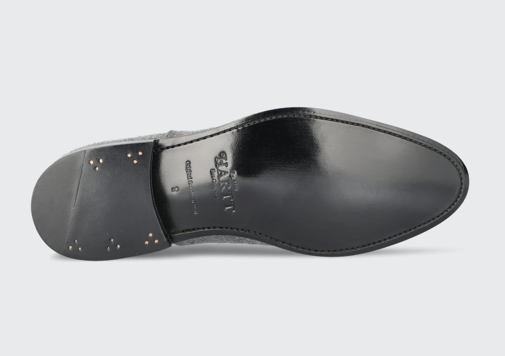 The leather sole of a Goodyear welted dress shoe from the Hartt Shoe Company