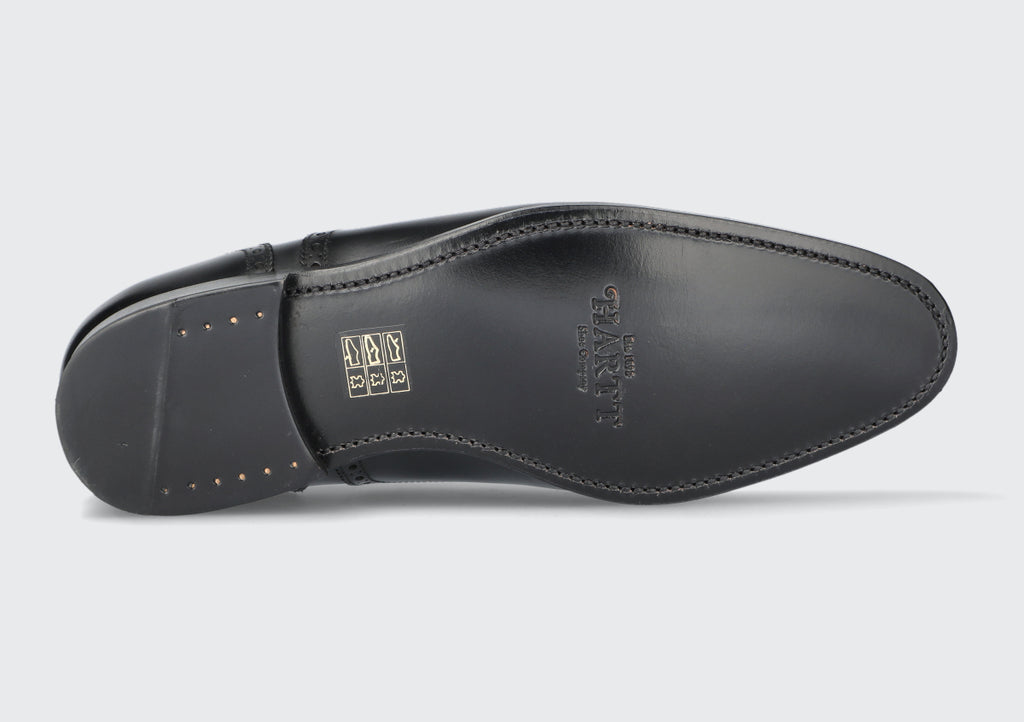 The leather sole of a goodyear welted dress shoe from the Hartt Shoe company