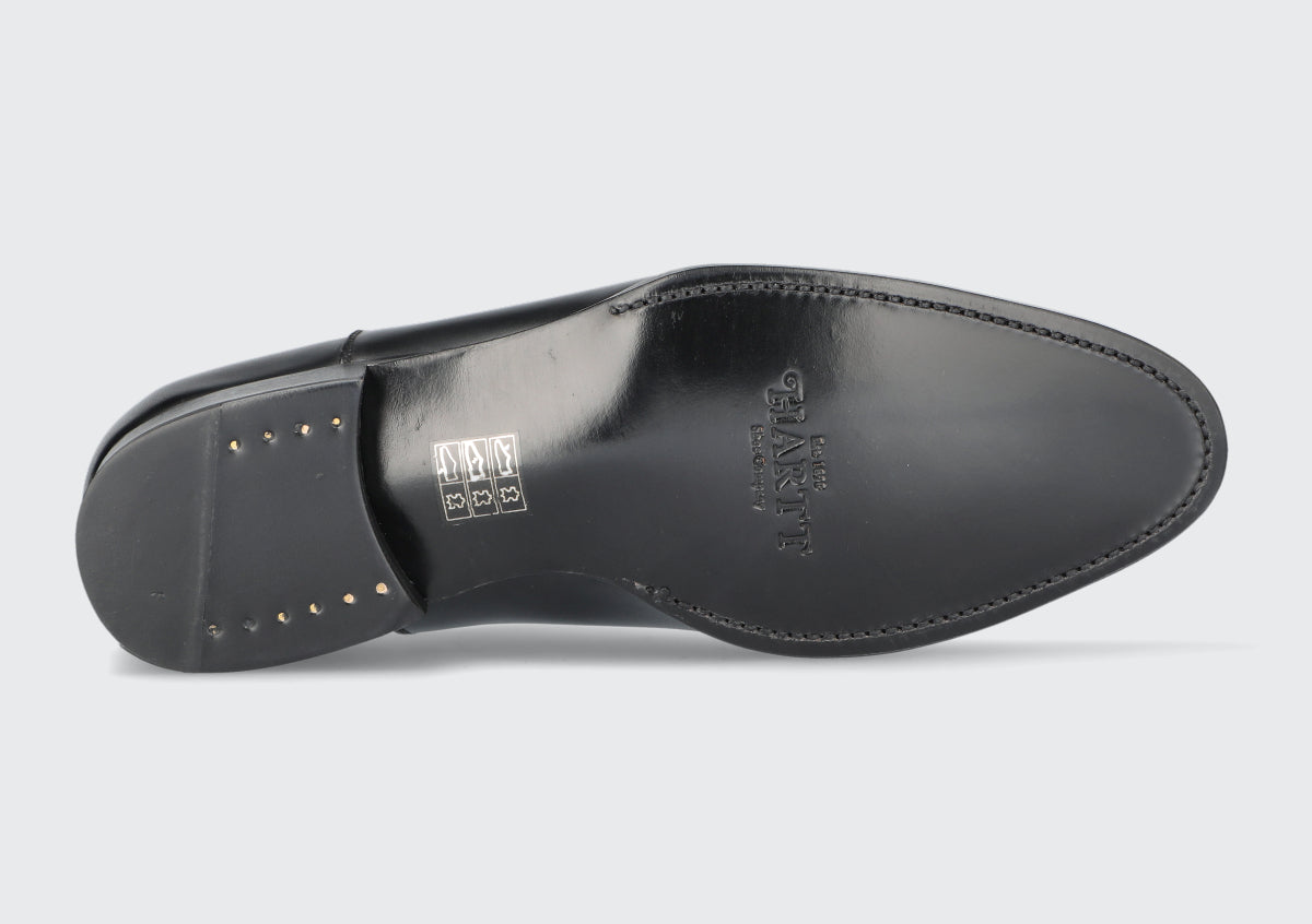 The leather sole of a goodyear welted dress shoe from the Hartt Shoe Company